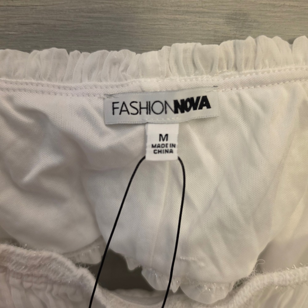 Fashion Nova "Keila" White Smocked Tiered Ruffle Jumpsuit Size Medium NWT - Picture 3 of 13